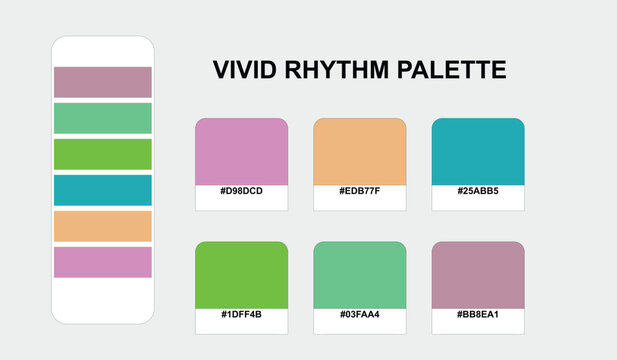 Professional graphic designers utilize this vivid rhythm color palette featuring a set of six hex color swatches with asymmetrical visual weight for modern branding.