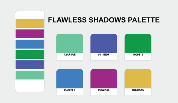 Curated designer color palette titled Flawless Shadows featuring a modern hex color swatch set with vibrant green, blue, and purple tones for creative brand identity.