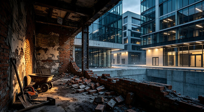 Demolished old brick interior next to modern glass office buildings, renovation concept