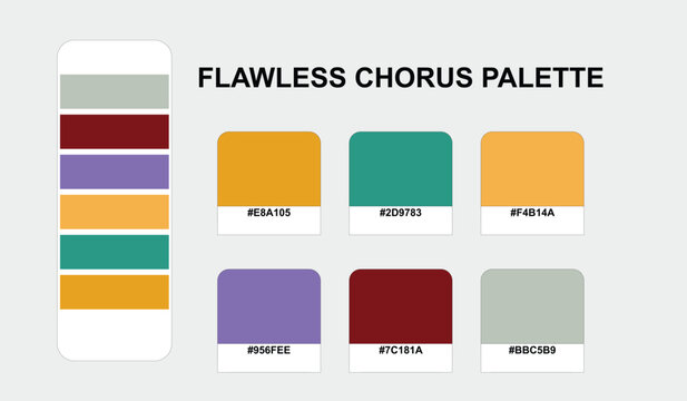 Harmonious visual designers use this Flawless Chorus color palette swatch set featuring unique hex codes to create professional brand identity templates for web projects.
