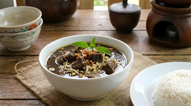 Hearty traditional Indonesian Rawon, a flavorful black beef soup, served with rice in a rustic setting, showcasing rich cultural cuisine