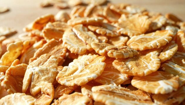 Macro closeup of glazed corn flakes, crunchy golden breakfast cereal texture, healthy morning food, rustic kitchen culinary backdrop