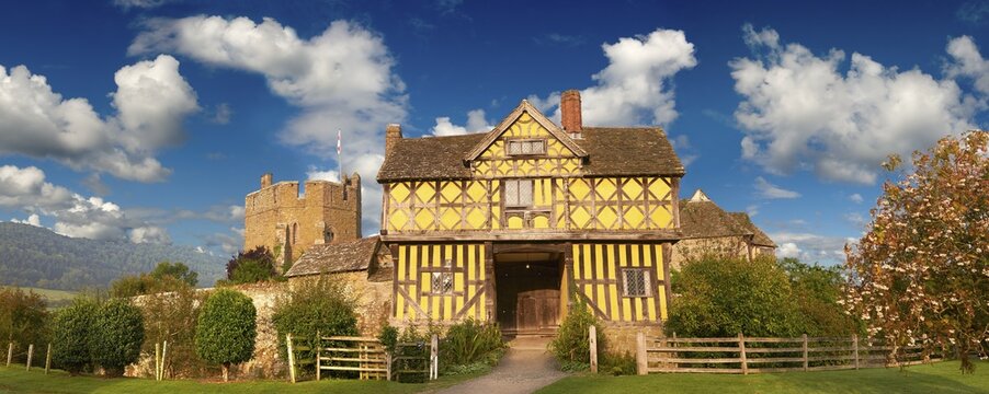 The half timbered north tower built in the 1280s, the finest fortified medieval manor house in England, Stokesay Castle, Shropshire, England, United Kingdom