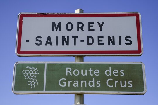 Town sign of Morey-Saint-Denis on the Route des Grand-Crus, Route of Fine Wines, C&ocirc;te-dOr Department, Bourgogne-Franche-Comt&eacute;, Burgundy, France