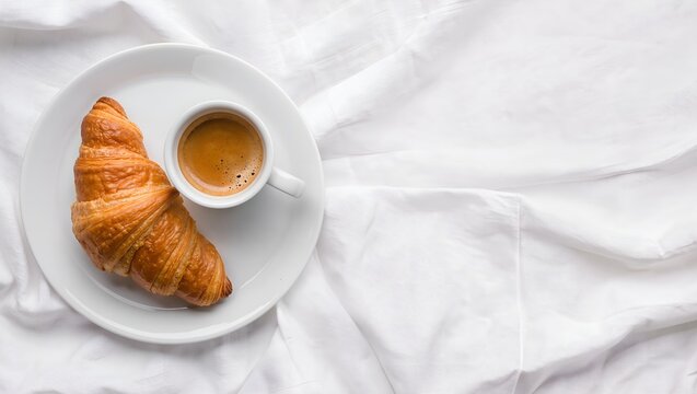 Flat lay breakfast scene with buttery croissant and espresso coffee on a white plate over textured white fabric background with elegant copy space.