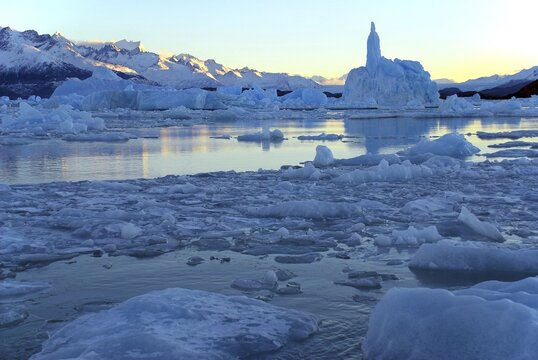 Lago Argentino with icebergs at sunrise, near Perito Moreno Glacier, High Andes, near El Calafate, Patagonia, Argentina
