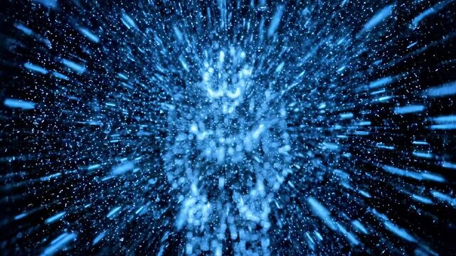 A vibrant blue explosion of particles and smoke on a dark background