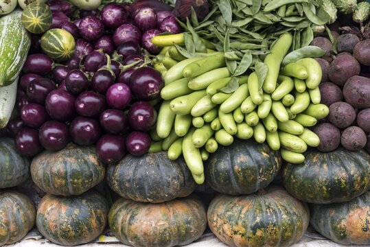 Fresh vegetables, arranged, Fort Kochin market, Cochin, Kerala, India