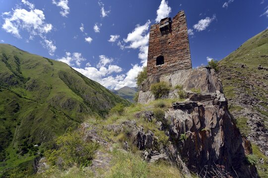 Ruins of a medieval defensive and residential tower on a hilltop, Mutso, High Caucasus, Mtskheta-Mtianeti region, Georgia