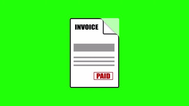 Invoice document icon animation on green background for billing notice, payment form, finance paperwork, business transaction graphic