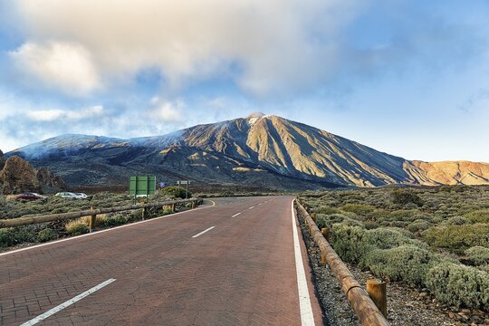 TF-24 road, view of Pico del Teide volcano, evening light, Teide National Park, Tenerife, Spain