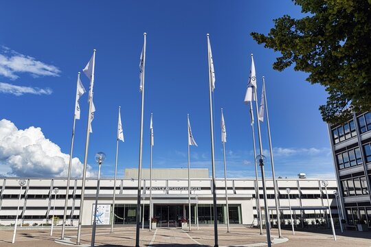 Flags for the anniversary of autonomy, Parliament building, Mariehamn, &Aring;land, Aland Islands, Finland