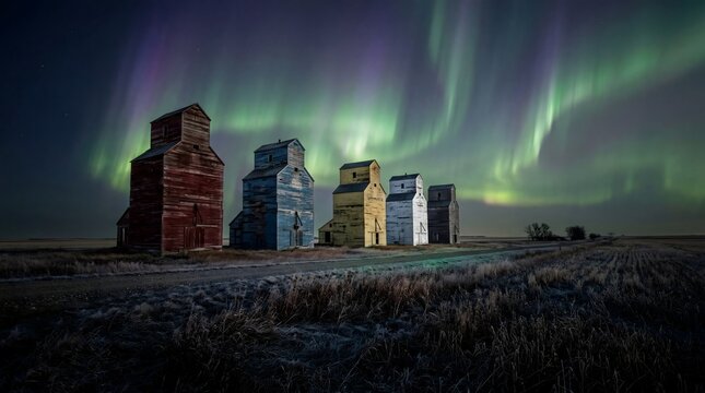 Vibrant Aurora Borealis lights dance across the expansive night, casting an ethereal glow over a picturesque series of historic grain elevators in the rural landscape
