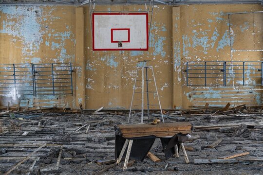 Former sports hall in the abandoned mining city Kadykchan, Road of Bones, Magadan Oblast, Russia