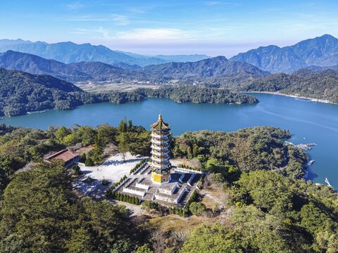 Aerial over the Ci'en Pagoda and Sun Moon Lake, National Scenic Area, Nantou county, Taiwan, Yuchi, Nantou County, Taiwan