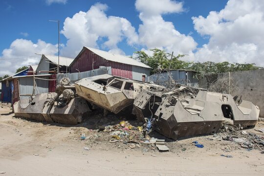 Destroyed tanks in the streets of Mogadishu, Somalia