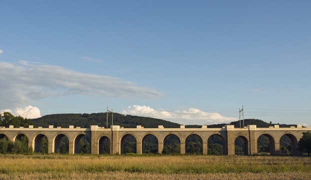 Jezernice Railroad Viaduct, 343 meters long railway bridge with 41 stone arches, completed in 1842, Emperor Ferdinand Northern Railway, Olomouc Region, Czech Republic, Europe