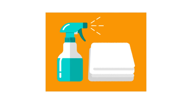 Cleaning supplies with spray bottle and white cloths setup.