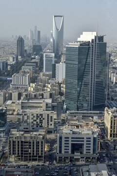 View from Al Faisaliah Tower over the skyline with the Kingdom Center, Riyadh, Saudi Arabia