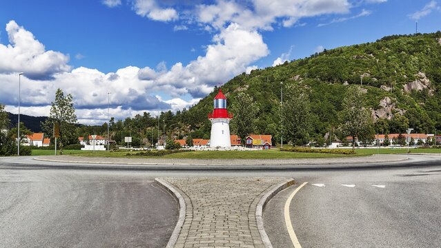 Model of the lighthouse Lindesnes Fyr in a roundabout, Vigeland, Lindesnes, Agder, Norway