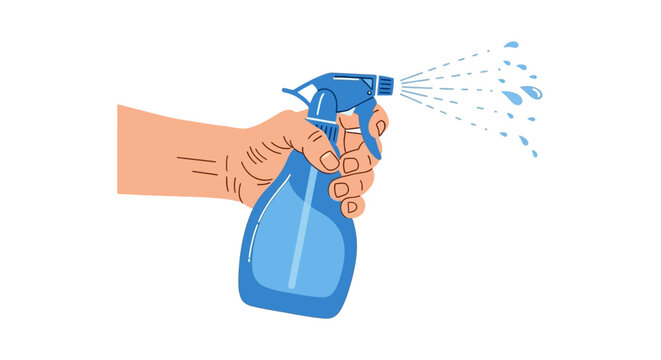 Hand spraying blue liquid from trigger bottle nozzle closely.