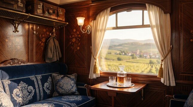 Luxury Vintage Train Interior with Wooden Paneling, Blue Velvet Sofa, and Scenic Vineyard View through Window at Sunset. Elegant Travel Concept for High-end Tourism and Heritage.