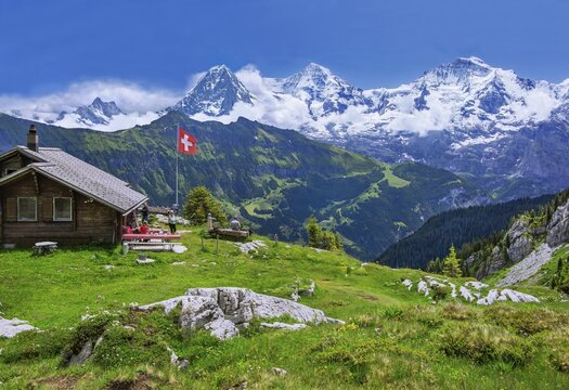 Lobhornh&uuml;tte above Isenfluh with the Eiger triumvirate with the Eiger North Face, M&ouml;nch and Jungfrau, Lauterbrunnen, Bernese Alps, Bernese Oberland, Canton Bern, Switzerland