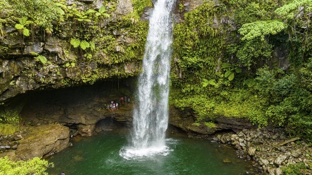 Aerial of the Tavoro Falls, Bouma National Park, Taveuni, Fiji, South Pacific
