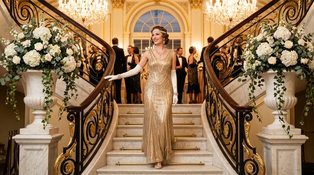 Elegant Woman in Gold Flapper Dress Walking Down Grand Marble Staircase at a Luxury 1920s Gatsby Style Party with Chandeliers and Formal Guests in a Grand Ballroom Setting.