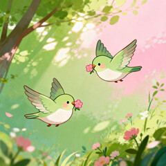 Fototapeta premium Cute Green Sparrows with Pink Blossoms Spring Forest Thread‑Embroidery Art