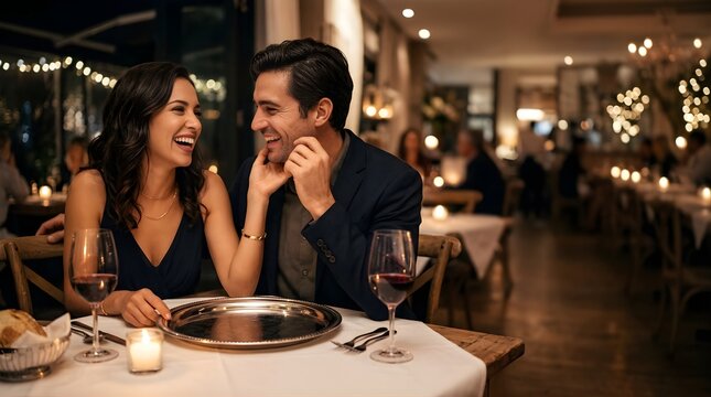 Happy couple laughing during a romantic dinner date at a fancy restaurant