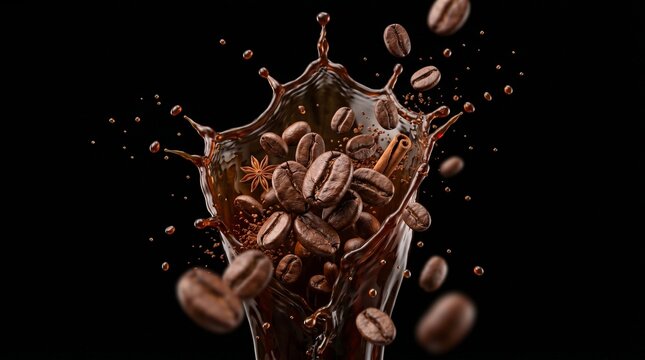 Coffee beans and spices splash out of a dark brown liquid against a plain 3d rendered
