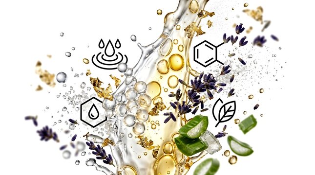 A dynamic splash of liquid with oil bubbles and natural ingredients like lavender and aloe vera with icons 3d rendered