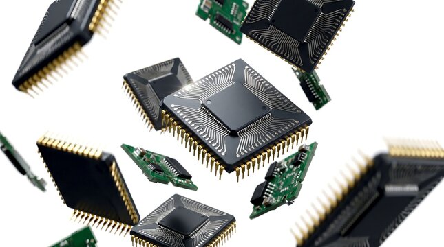 Many computer chips and circuit boards are falling through the air on a clean