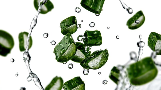 Fresh green aloe vera pieces and clear water splashes are falling