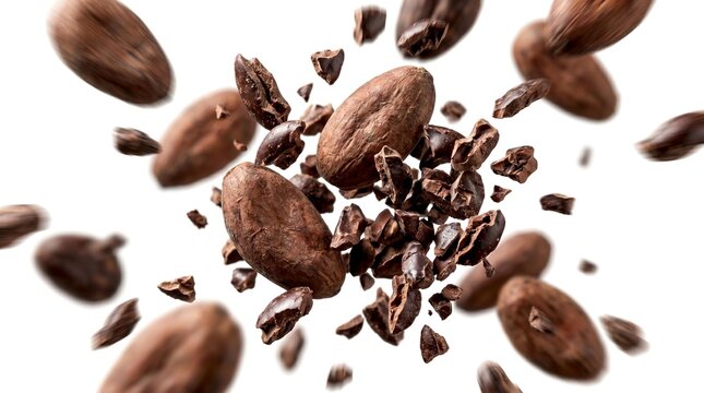 Whole cocoa beans and broken pieces are dynamically falling through the air.