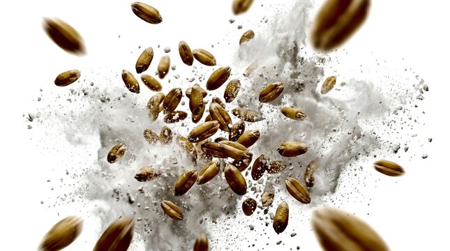Brown wheat grains and white flour dust explode outwards in a dynamic motion.