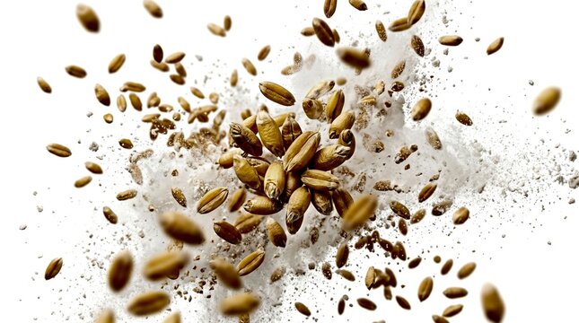 Grains of wheat and flour explode in a dynamic burst creating a dramatic food photography shot