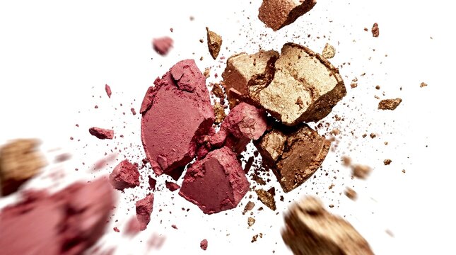 Pink and gold crushed makeup powder fragments are flying and scattering