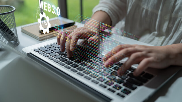 The concept of Web 3.0 development and decentralized data processing. The flow of binary code and information in the next generation internet. Motif