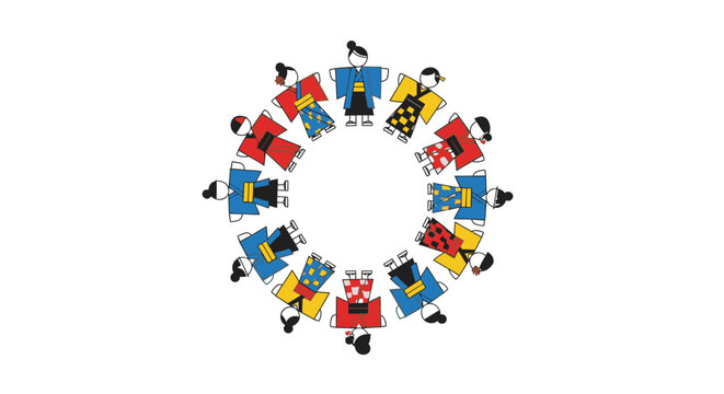 Diverse people in traditional Japanese kimono forming a circle around copy space