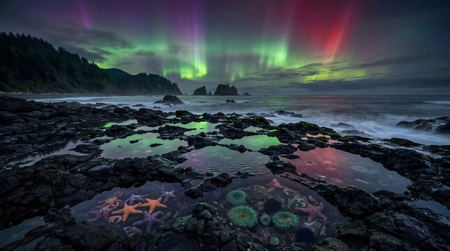 Majestic Aurora Borealis brightens a rugged coastline, its vibrant reflections shimmering in calm tide pools showcasing sea stars and anemones