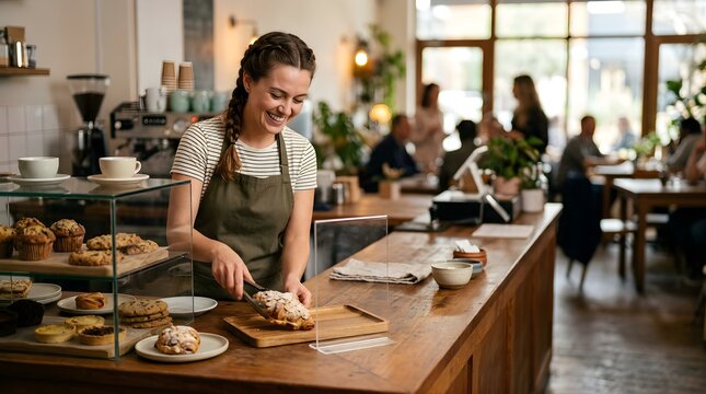Smiling barista serving a fresh croissant in a cozy modern cafe shop