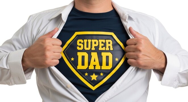 Man reveals superhero shirt with super dad text underneath open white button-down