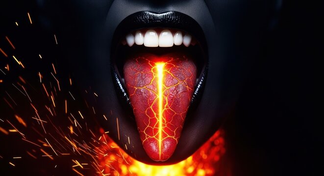 A dark creature screams with an open mouth and a glowing fiery tongue surrounded by sparks.