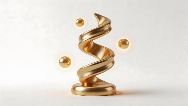 Golden spiral sculpture with glowing orbs