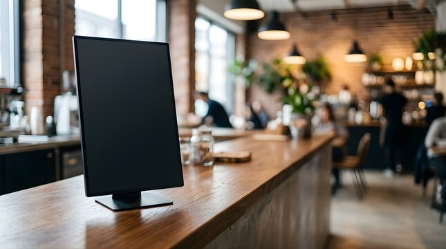 Vertical digital menu board standing on a wooden counter in a cafe