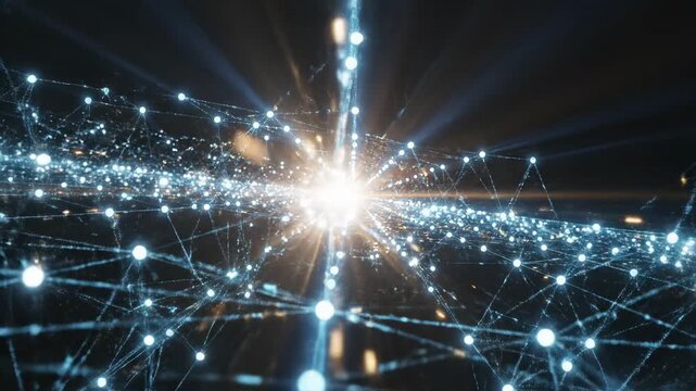 Abstract network of glowing nodes and connecting lines in deep space, data transfer and digital connection visualization, technology and future concept