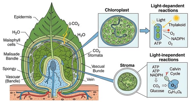 Detailed diagram of plant cell photosynthesis process.