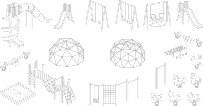 Set of playground equipment icons featuring slides swings climbing domes and spring riders in a clean line art style